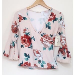 Deep V-Neck 3/4 Bell Sleeve Floral Top